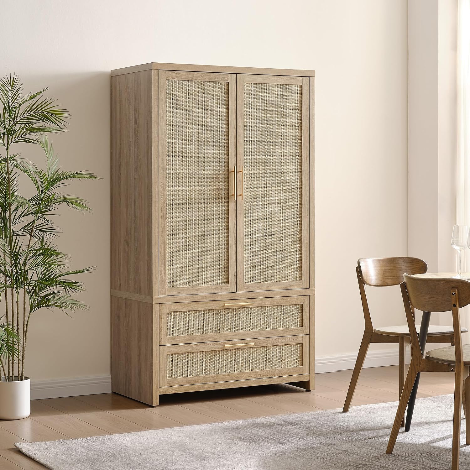 SICOTAS 71 inch Rattan Wardrobe Closet : Armoire Wardrobe with Drawers