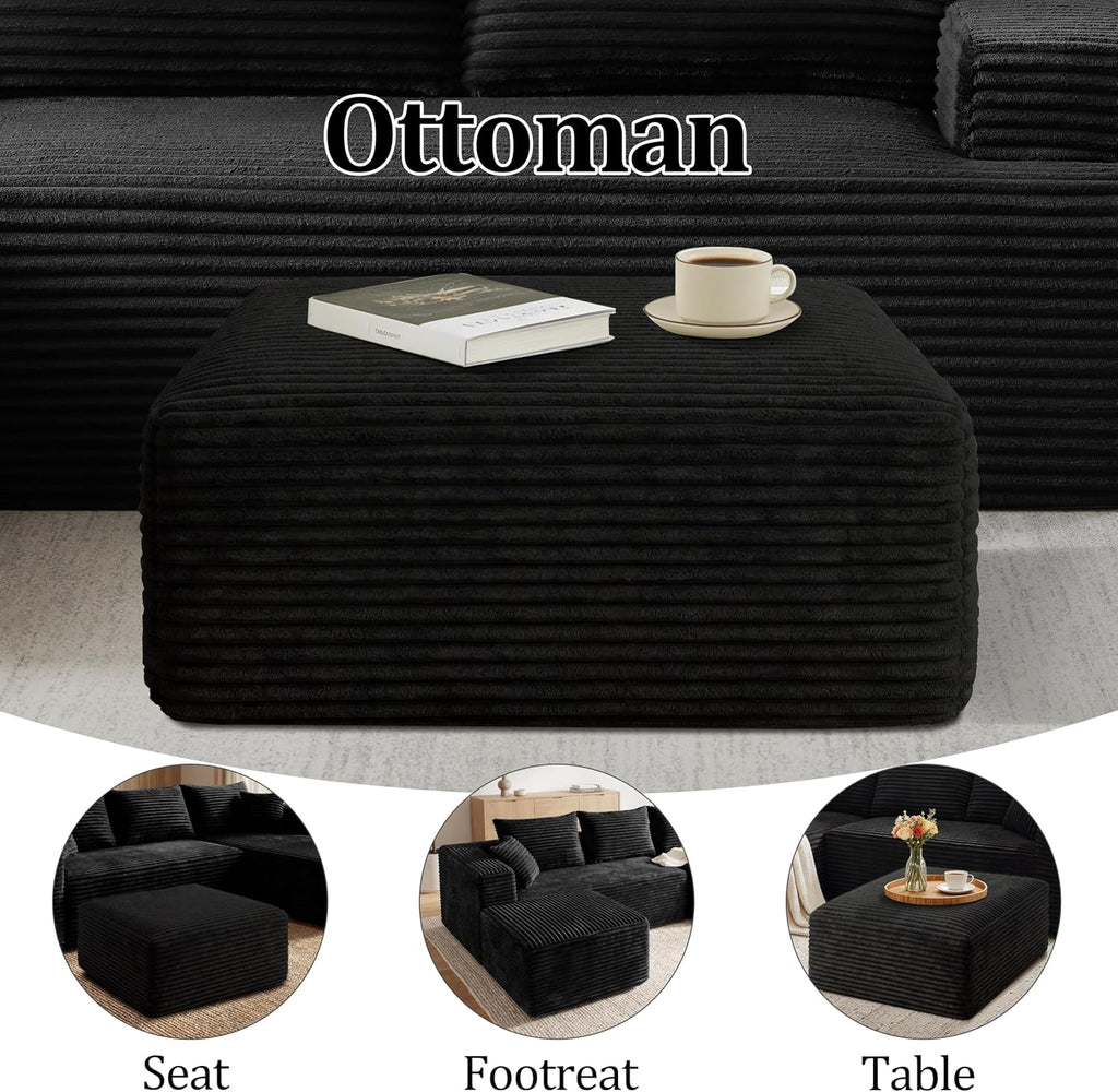 Ottoman, Modern Corduroy Cloud Foot Rest Foam Support, Oversized Modular Sectional Sofa Stool for Living Room, Bedroom & Small Spaces, No Assembly Required (Black, Ottoman)