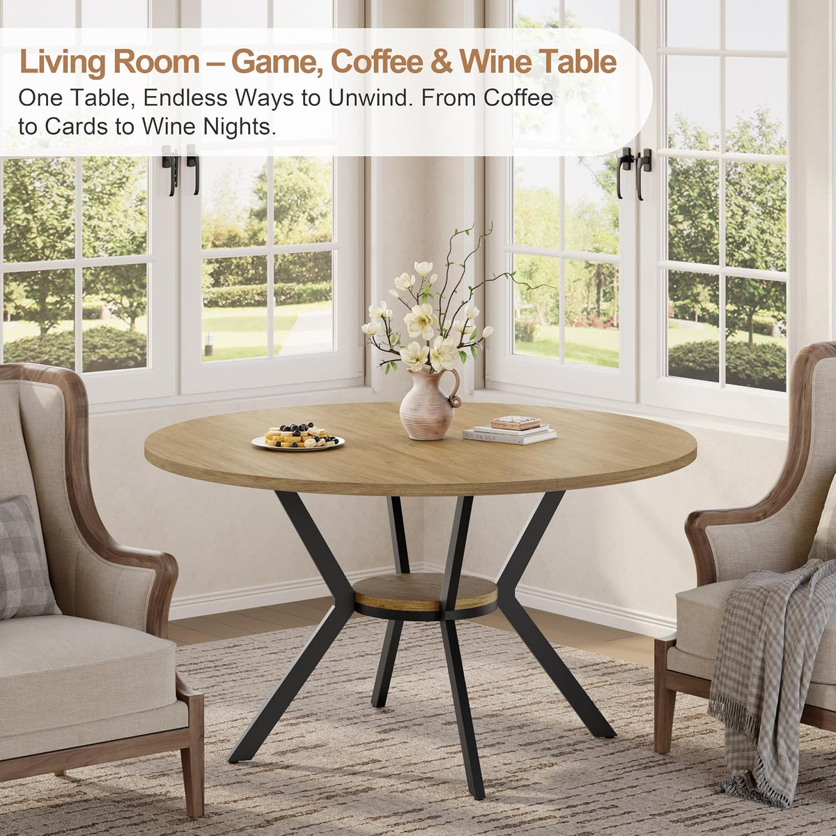 MECHYIN 42'' Round Dining Table for 2–4, Farmhouse Round Kitchen Table with Storage Shelf, Pedestal Dinner Table, Wood Top & Metal Base, Small Space Table for Apartment, Dining Room, Light Oak