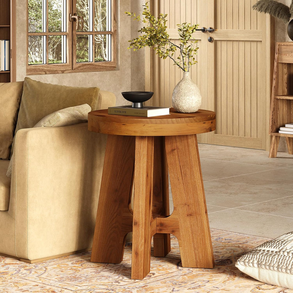 Round Side Table, Farmhouse Solid Wood End Table for Couch, Mid Century Modern Side Table with Heavy-Duty Legs, Small Bedside Table for Bedroom, Living Room, Walnut