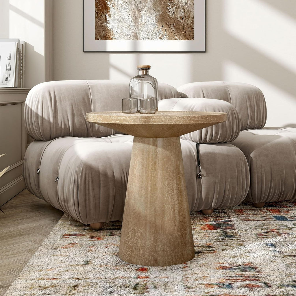 Furniture of America Crambel Modern Solid Rubberwood 20-inch Round End Table with Cone-Shaped Pedestal Base, Living Room Furniture for Small Space, Home Office, Oak Finish
