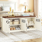 Hzuaneri 47.2" Shoe Storage Bench, Farmhouse Shoe Bench with Cushion & Door | 2-Tier Farmhouse Wooden Storage Bench with Padded Cushion , for Bed end bench, Entryway, Living Room, Rustic White SB61214KA