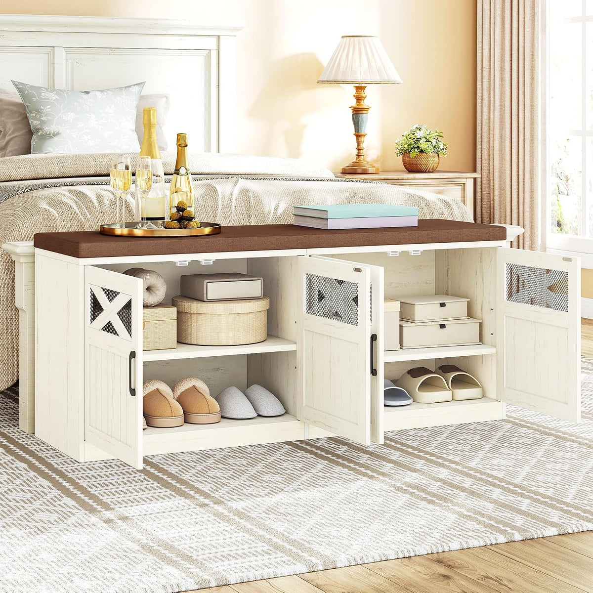 Hzuaneri 47.2" Shoe Storage Bench, Farmhouse Shoe Bench with Cushion & Door | 2-Tier Farmhouse Wooden Storage Bench with Padded Cushion , for Bed end bench, Entryway, Living Room, Rustic White SB61214KA