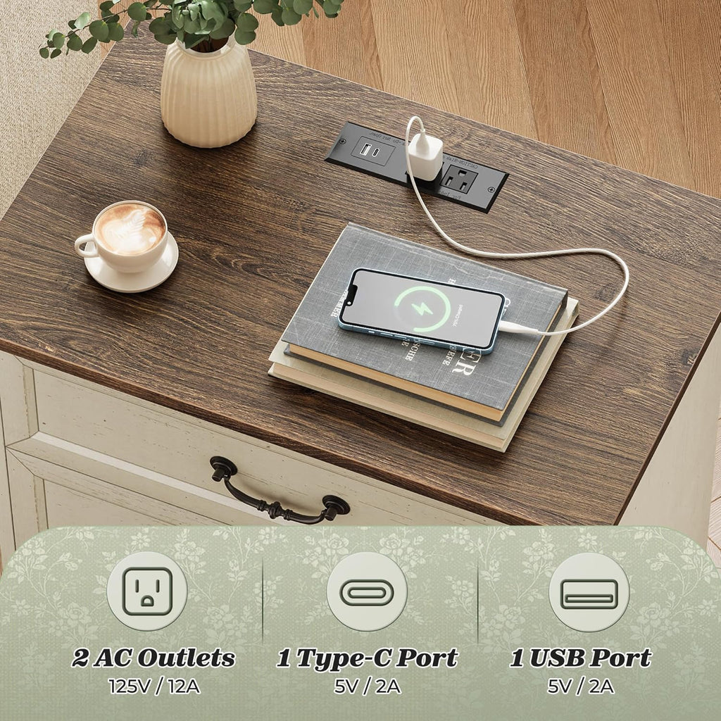 Huuger Nightstand with Charging Station, 3 Drawer Night Stand Set of 2, 22 Inch Wider Side Table with Storage, Farmhouse Nightstand with Vintage Handles, Thicken Base, for Bedroom, Distressed White