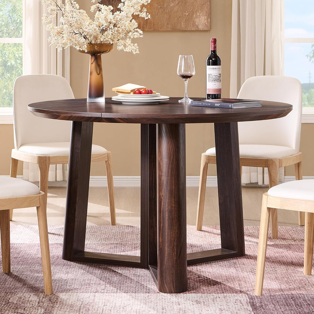 OKD 47" Dining Table for 4-6, Round Dining Room Table with Triangular Structure Pedestal Stable Base, Curved Table Edge, Circle Kitchen Tables for Dining Room, Kitchen, Dark Walnut