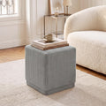 Homebeez Modern Square Ottoman, Vertical Channel Tufted Foot Stool Ottoman, Corduroy Velvet Upholstered Vanity Stool for Makeup, Bedroom, Living Room, Light Gray
