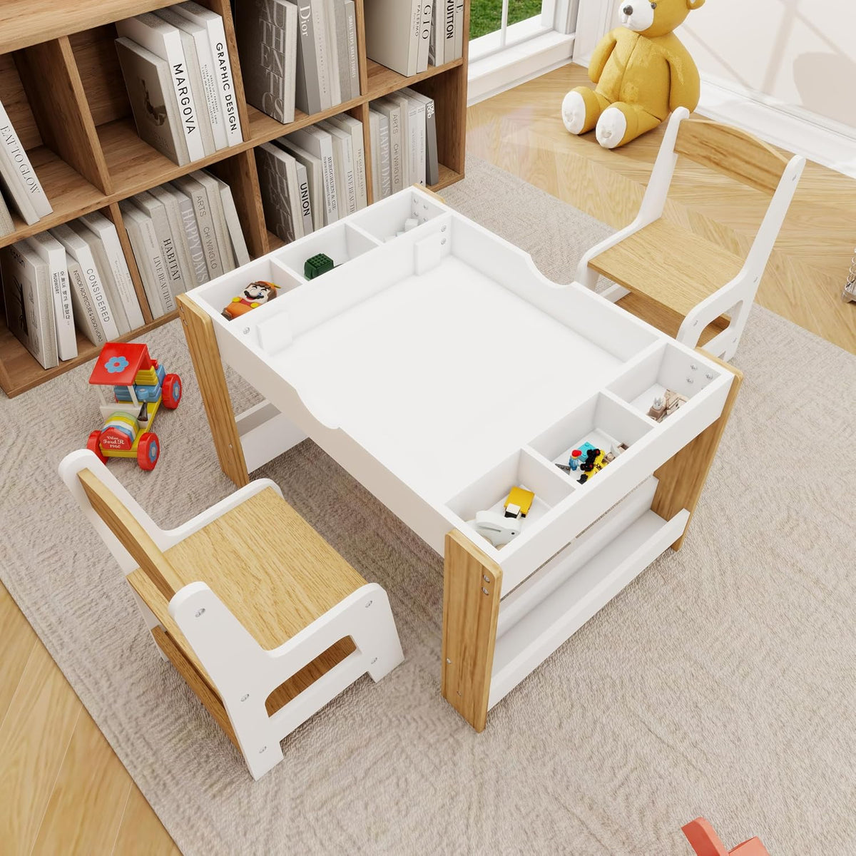 Kids Table and 2 Chairs Set, Beige, Table Supports 280 lbs | Drawing activity desk, classroom, daycare, home, children multi-activity table for ages 3-8, sensory desk set
