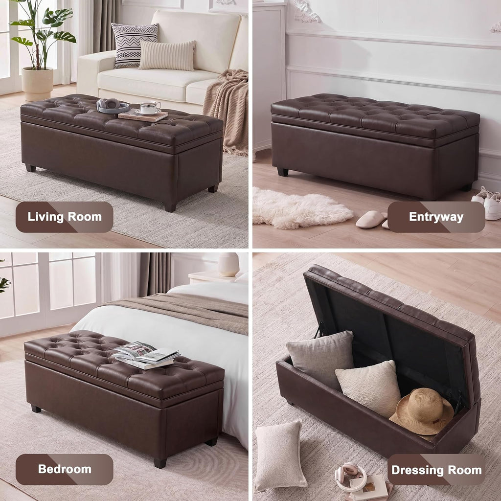 Mangodan 43" Storage Ottoman Bench, Tufted Ottoman with Storage for Living Room, Large End of Bed Ottomans, Modern Entryway Benchs, Window & Bedroom Benches for Foot of Bed (Faux Leather Dark Brown)