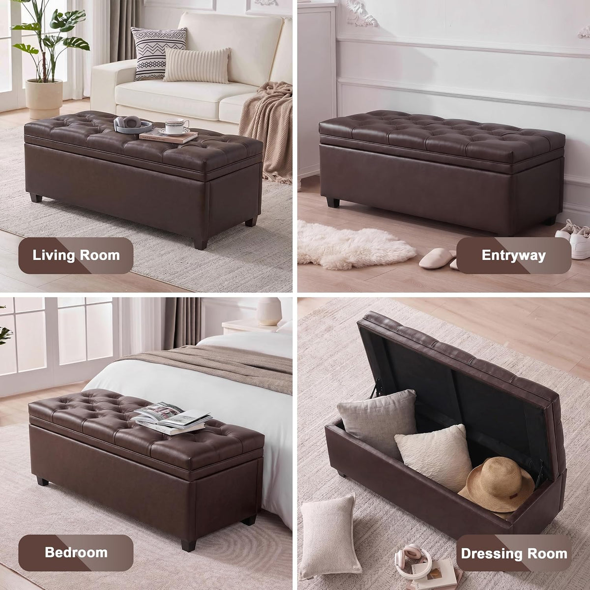 Mangodan 43" Storage Ottoman Bench, Tufted Ottoman with Storage for Living Room, Large End of Bed Ottomans, Modern Entryway Benchs, Window & Bedroom Benches for Foot of Bed (Faux Leather Dark Brown)