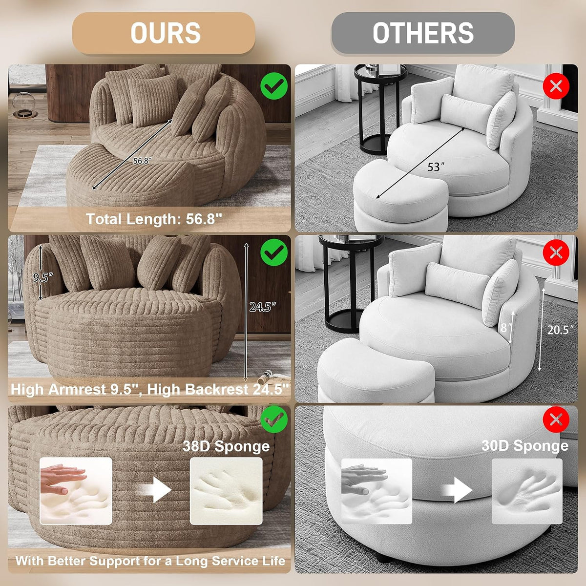 50.5" W x 67" D Oversized Chaise Lounge Chair with Ottoman,Light Camel | 38D Sponge,Round Reading Chair Luxury Plush Cloud Circle Sleeper for Living Room Bedroom, 5 Pillows,Corduroy