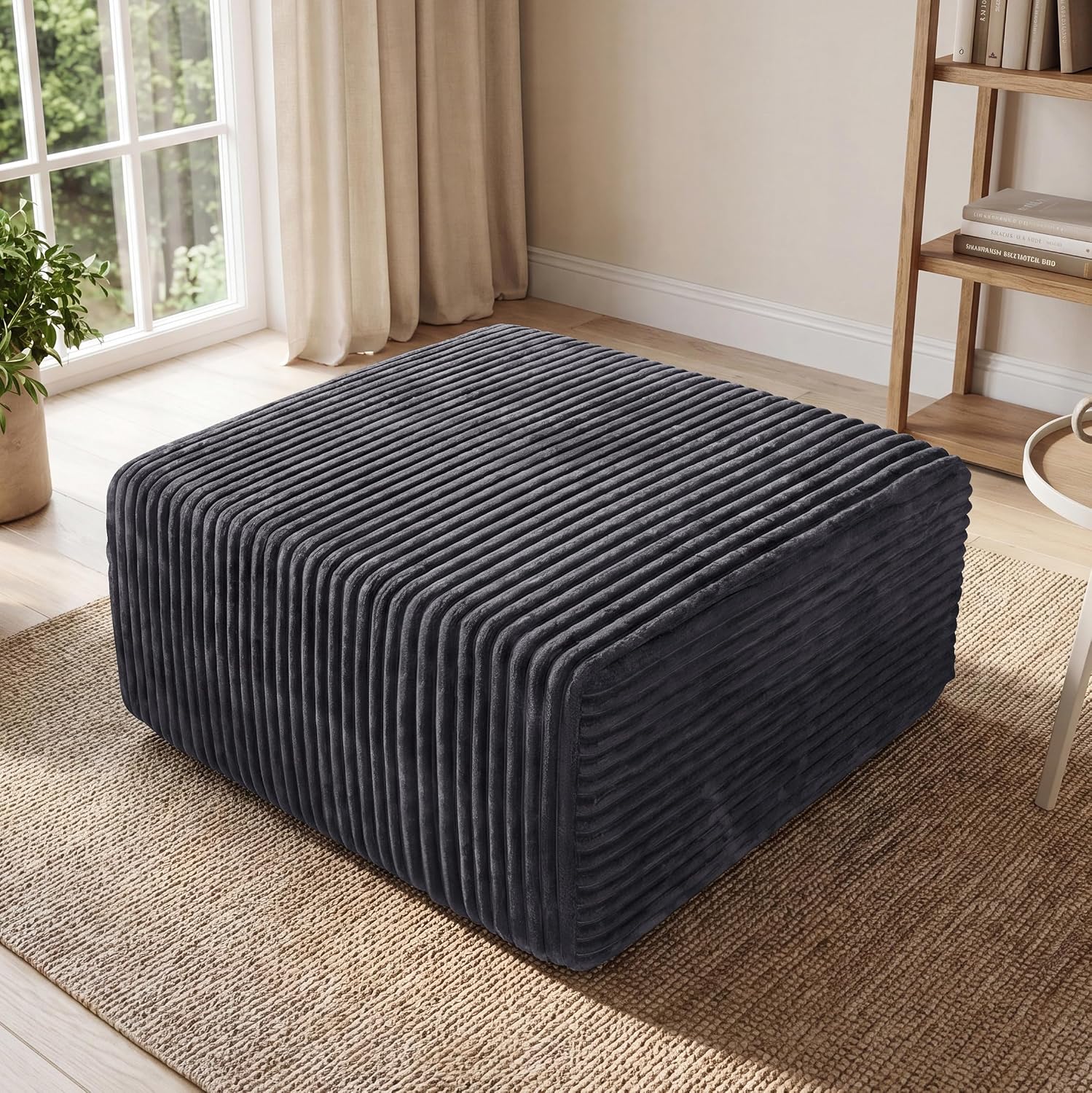 33.5'' Plush Fluffy Corduroy Ottoman for Floor Couch in a Box, Modern Compressed Sofa, Small Comfy Square Couch for Living Room, Bedroom, Grey, (Ottoman)