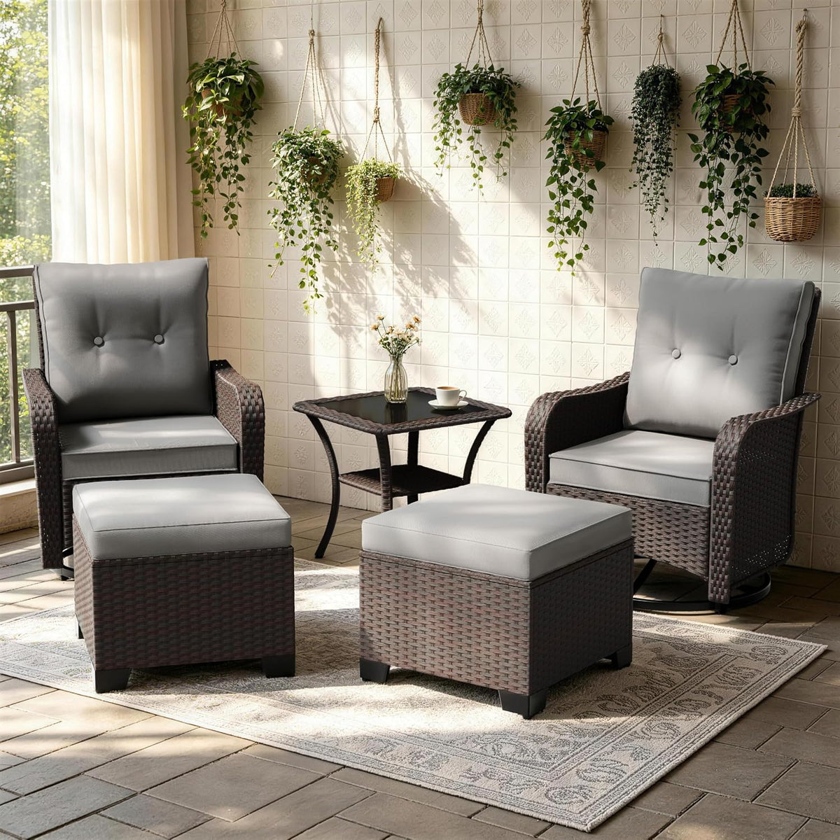 Gotland Outdoor Swivel Chairs Set of 2, 5 Pieces Patio Furniture Set with Ottomans Rattan Coffee Table Thick Cushion, Outdoor Swivel Rocker Wicker Patio Bistro Set for Balcony Porch, Grey