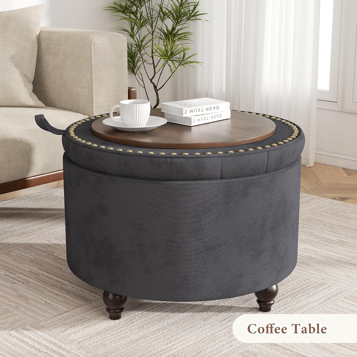 24 Inch Round Storage Ottoman,Modern Tufted Ottomans,Circular Coffee Table with Removable Top,Upholstered Large Ottoman with Storage Footrest Stool for Bedroom Living Room (Darkgrey)