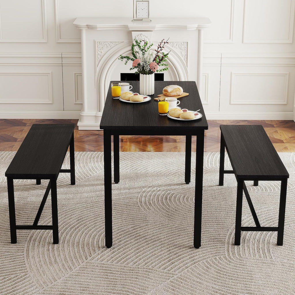 Dining Table Set for 4, Kitchen Table with 2 Benches, 3-Piece Wood Dining Room Furniture Dinette Chairs Sets for Breakfast Nook and Small Space, Black