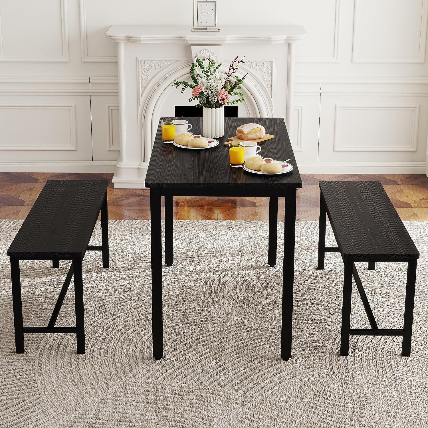 Dining Table Set for 4, Kitchen Table with 2 Benches, 3-Piece Wood Dining Room Furniture Dinette Chairs Sets for Breakfast Nook and Small Space, Black