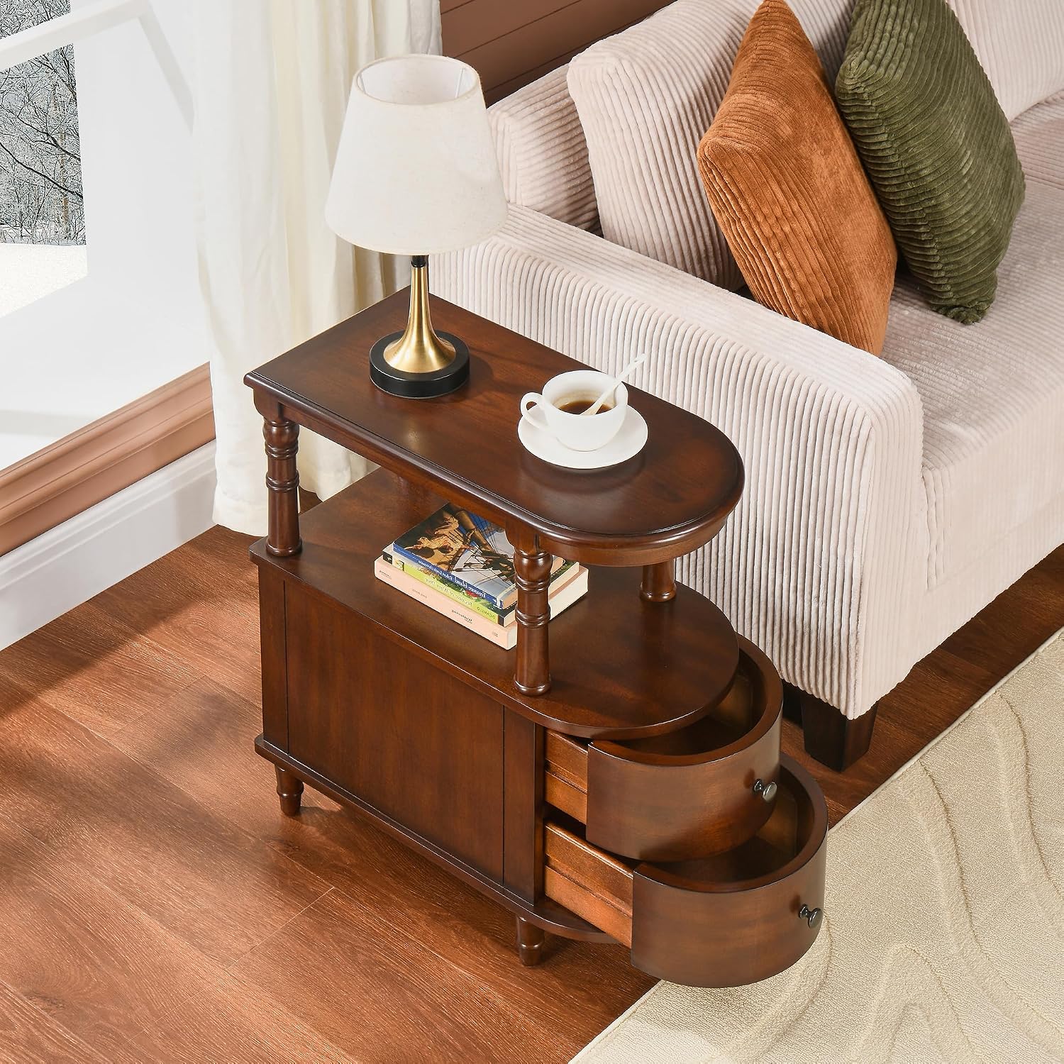 Biaco Solid Wood End Table with 2 Drawers & Shelf - Cherry Walnut Vintage Narrow Side Table, Pre-Assembled Slim Nightstand for Bedroom/Living Room (23.4" Dx11.4 Wx25.3 H), BG-A508-CY