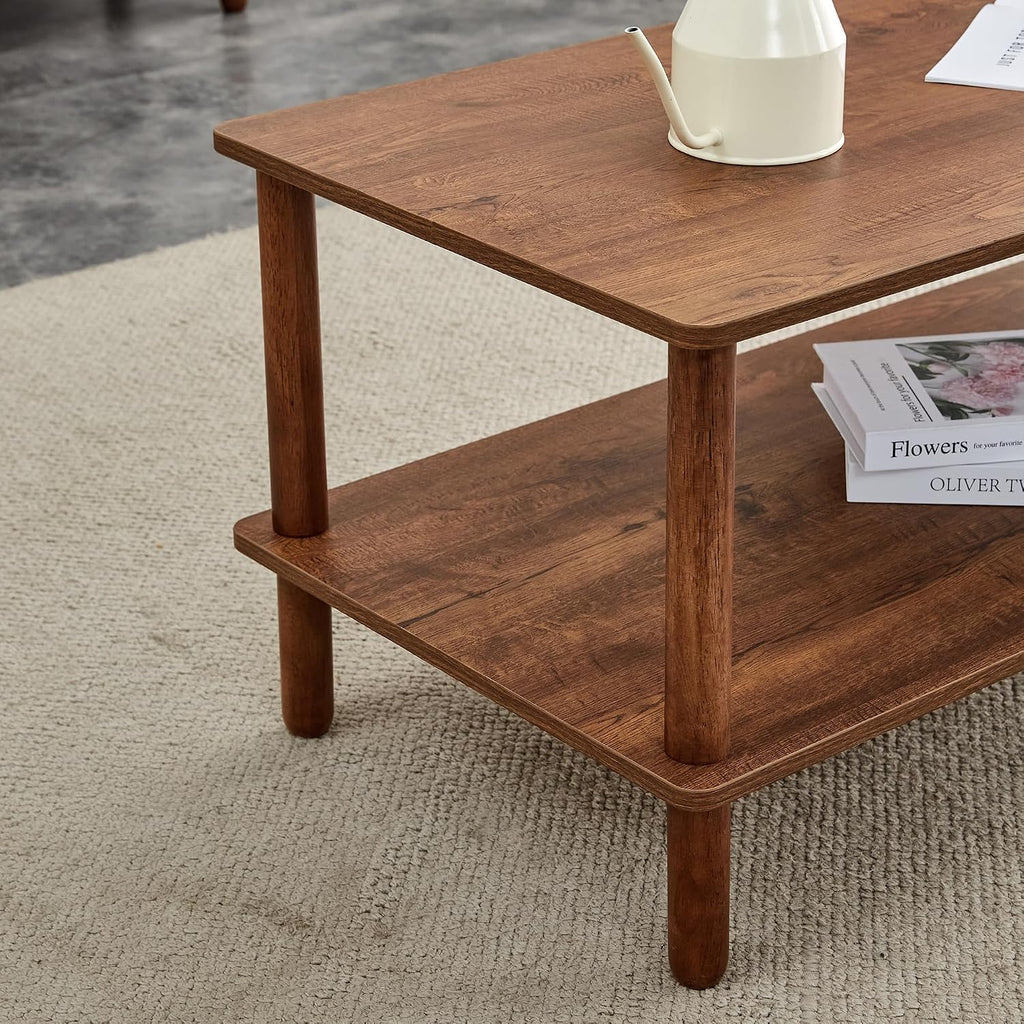 Modern Double-Layer Living Room Coffee Table, Rectangular Center Table with Open Storage Rack, Circular Rubber Wooden Leg Coffee Table, Stable and Durable, Easy to Assemble (Walnut + MDF)