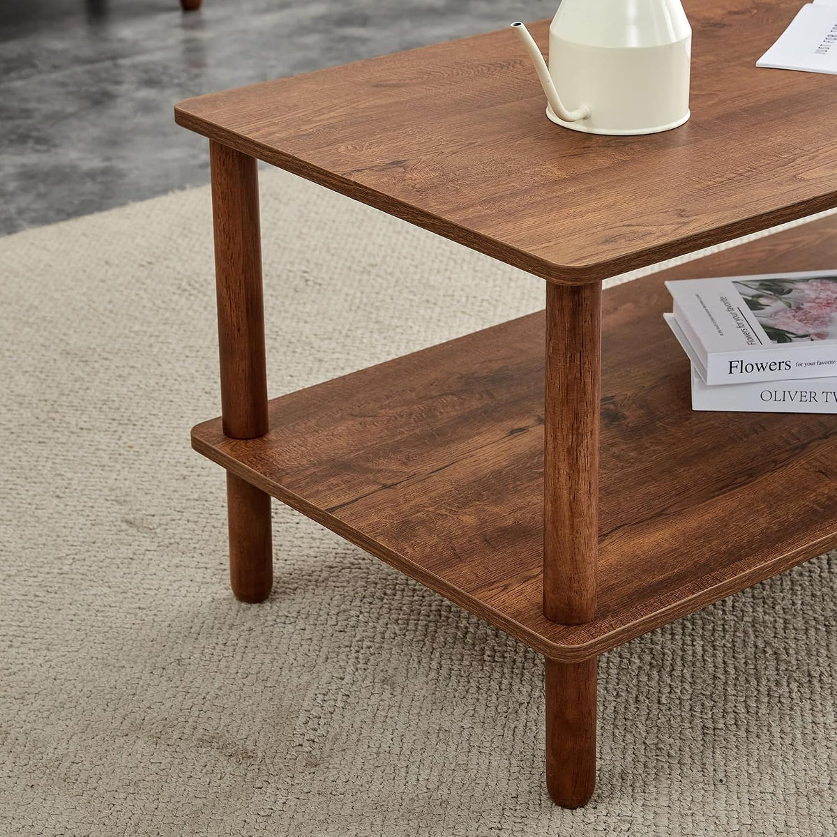 Modern Double-Layer Living Room Coffee Table, Rectangular Center Table with Open Storage Rack, Circular Rubber Wooden Leg Coffee Table, Stable and Durable, Easy to Assemble (Walnut + MDF)
