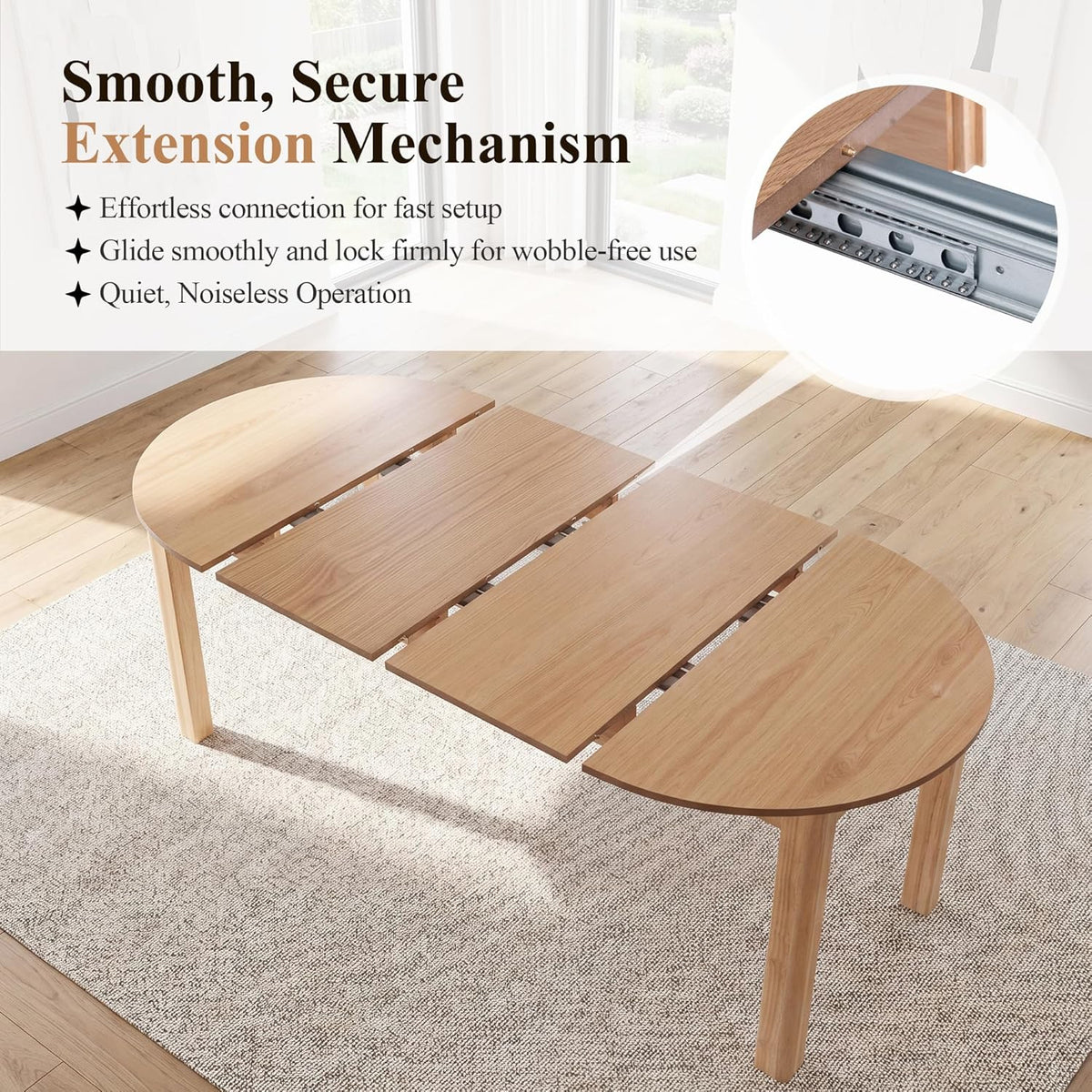 HNY Extendable Dining Table Round to Oval for 4-8, 42"-77" Oak Veneer Kitchen Table with Sturdy Legs, Modern Farmhouse Expandable Dining Room Table for Family Gatherings & Small Apartments, Natural