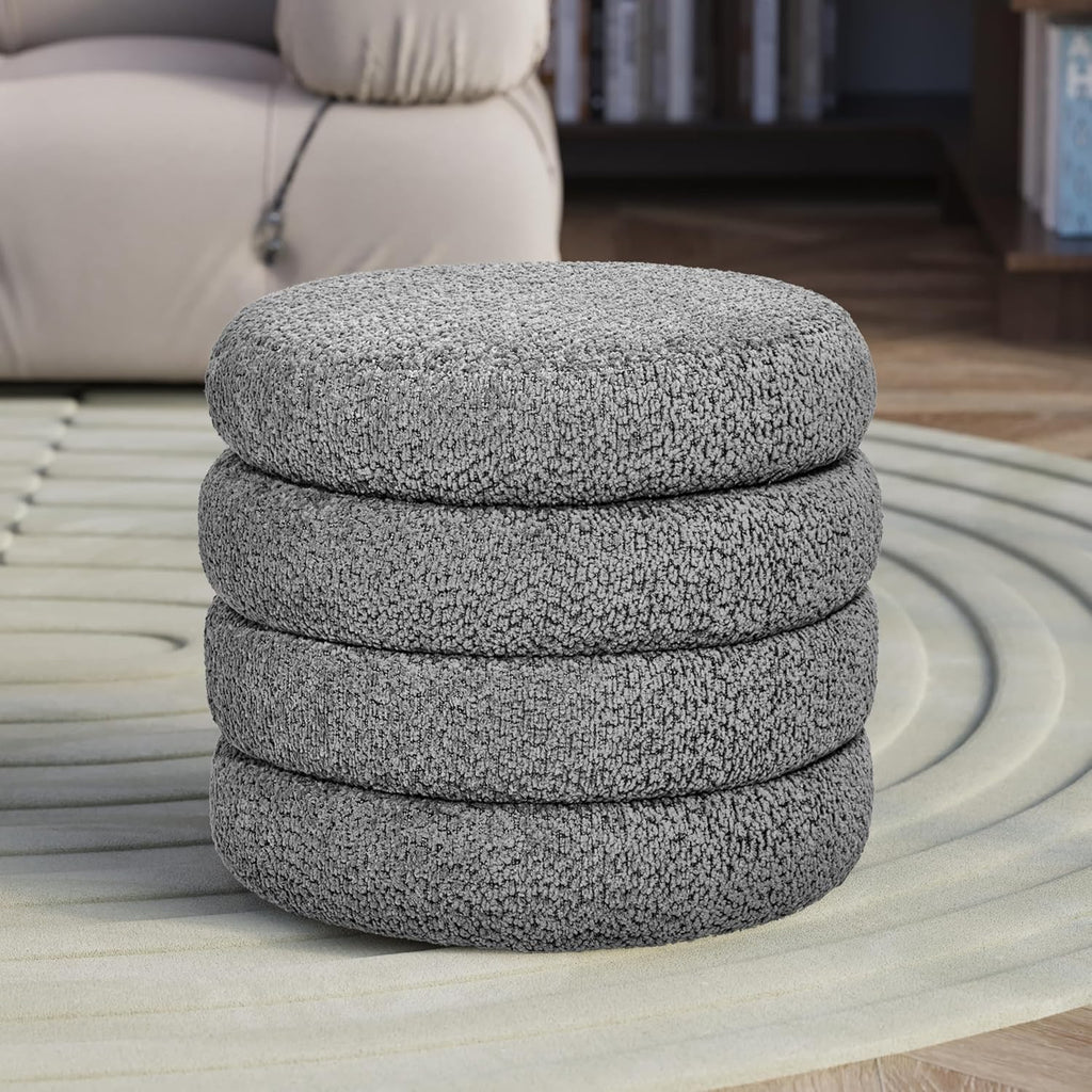 allamazing Storage Ottoman, Round Ottoman with Storage, Vanity Stool Foot Rest with Removable Lid, Round Boucle Upholstered for Living Room Pouf Footstool
