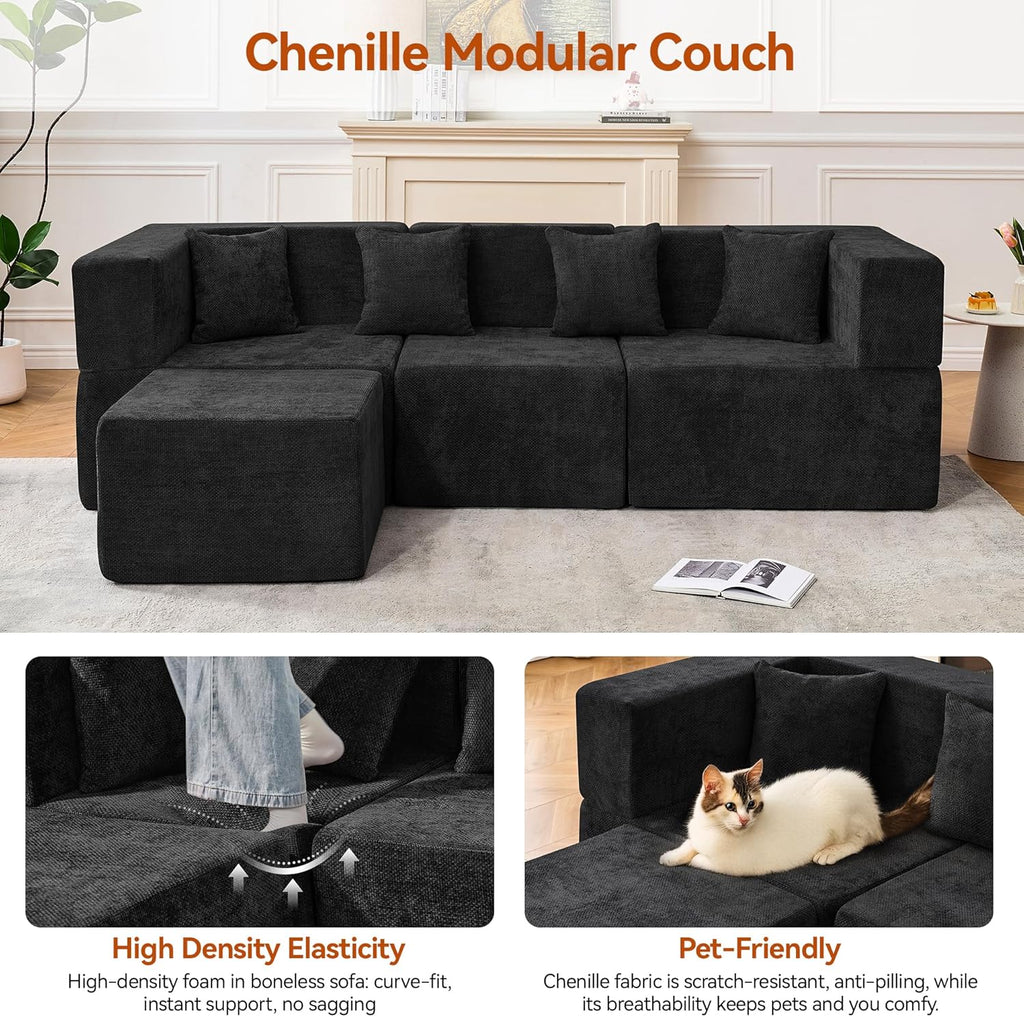 MONVANE 103'' Modular Sectional Sofa, Comfy Chenille Cloud Couch with Ottoman, Modern Convertible L Shaped Couch with Deep Seat, Sectional Couches for Living Room, Bedroom and Apartment, Black