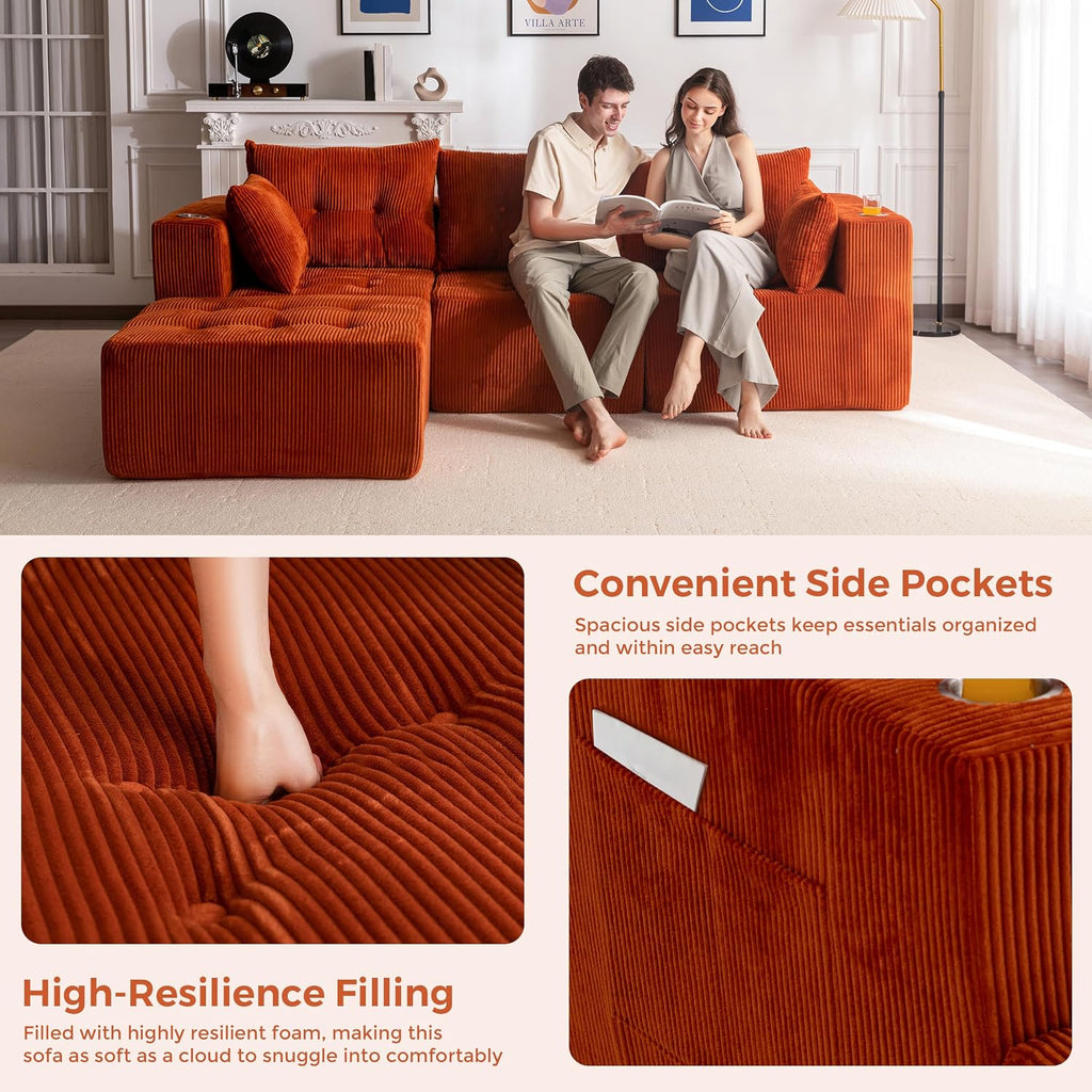 MAXYOYO Couch, L-Shaped Modular Cloud Couch, 4-Seat Sofa, Ottoman | Orange Tufted Sofa in a Box Includes One Ottoman, No Assembly, Offering Flexible 4-Seat Comfort for Modern Living Rooms
