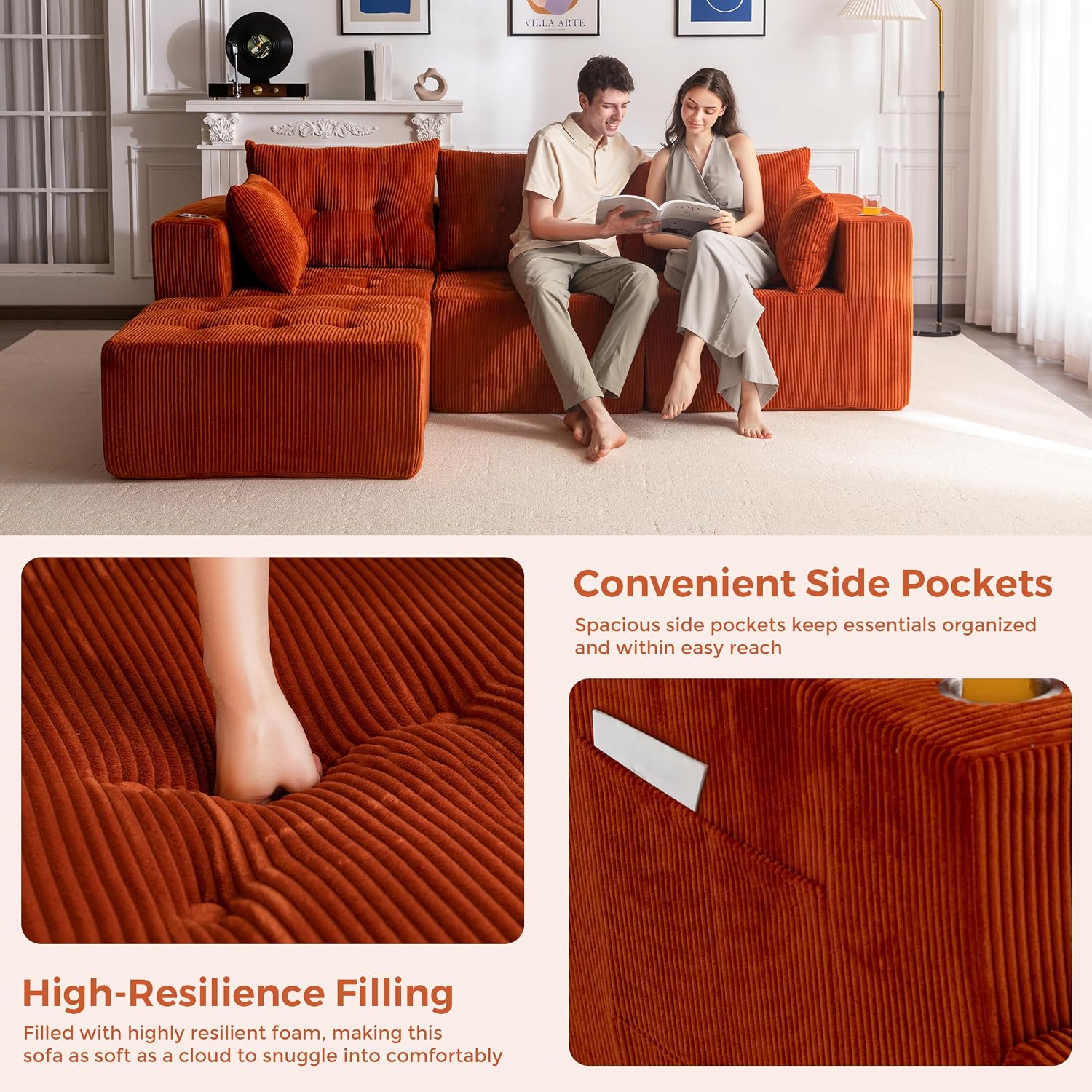 MAXYOYO Couch, L-Shaped Modular Cloud Couch, 4-Seat Sofa, Ottoman | Orange Tufted Sofa in a Box Includes One Ottoman, No Assembly, Offering Flexible 4-Seat Comfort for Modern Living Rooms