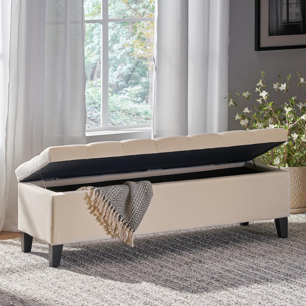 51" Storage Ottoman Bench, Foot Rest with Legs - Beige Button Tufted Storage Ottoman End of Bed with Safety Hinges, Entryway Bedroom Bench for Living, Dining Room and Hallway