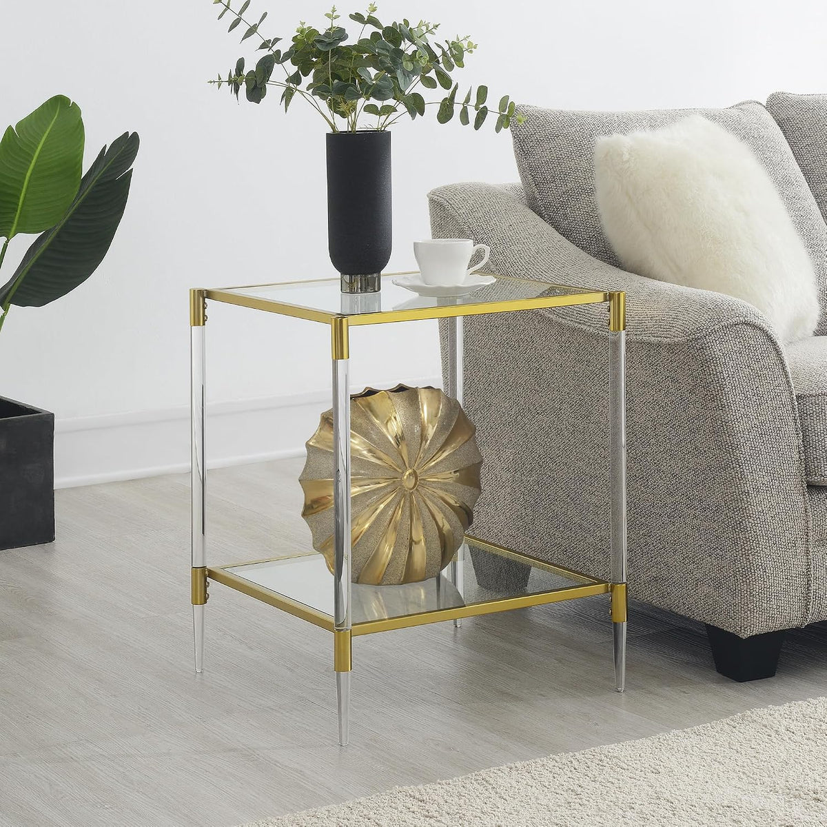 Convenience Concepts Royal Crest Acrylic Glass Square End Table 20.25" - Modern 2-Tier Tempered Glass Living Room Side Table with Storage Shelf, Gold Chrome Frame Table with Acrylic Legs, Glass, Gold