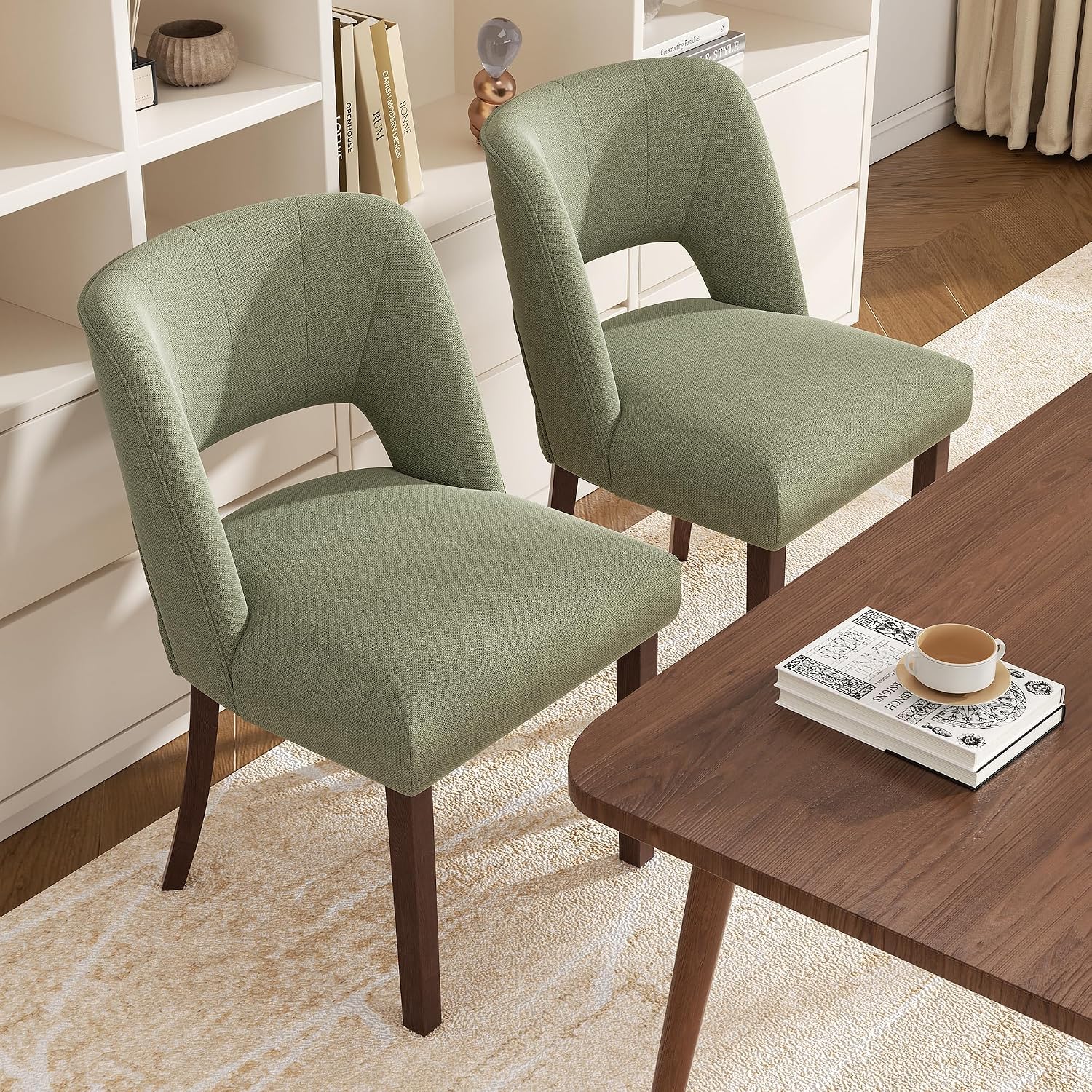 Dining Chairs Set of 6,Modern Dining Room Chairs with Thick Cushions,Linen Upholstered Kitchen Dining Chairs with Wood Legs for Kitchen Dining Room Living Room,Green