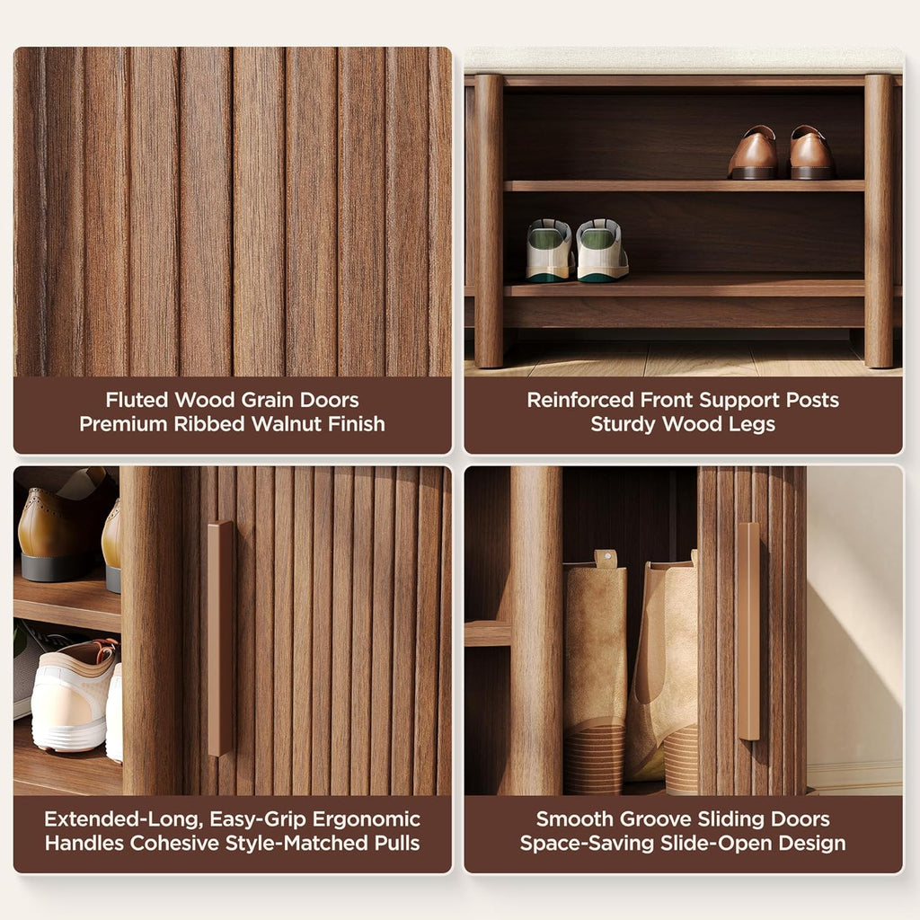 Maupvit Entryway Shoe Storage Bench with Sliding Doors, 2-Tier Upholstered Shoe Rack Bench with Hidden Storage, Wooden Shoe Organizer with Padded Cushion for Hallway, Mudroom, Bedroom, Walnut Finish