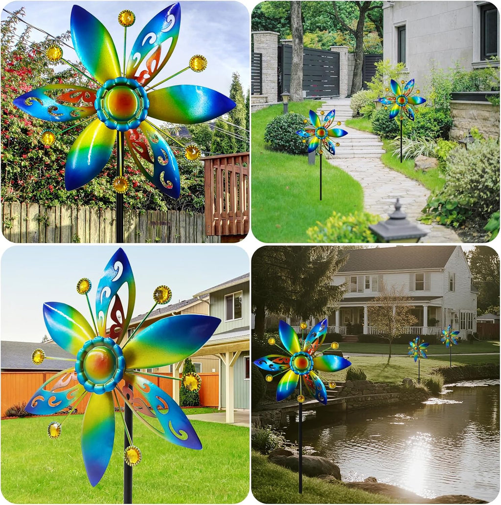Small Wind Spinner for Outdoor, Kinetic Wind Spinner & Sculpture with Butterfly Cutout Blades & Yellow Acrylic Beads, Decorative Windmill Metal Yard Art for Patio, Lawn & Flower Bed
