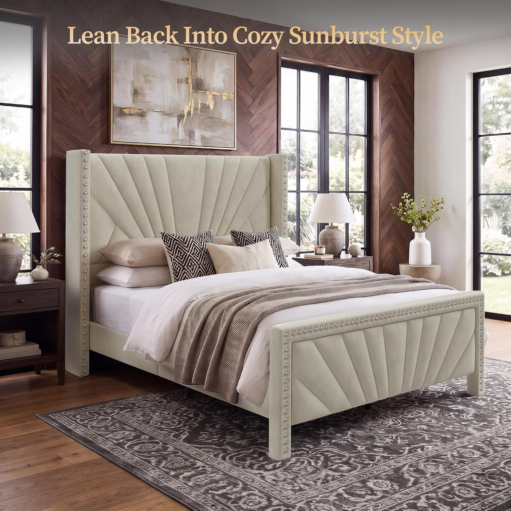 Queen Bed Frame 55" Velvet Upholstered Platform Bed, Art Deco, Cream White