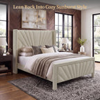 Queen Bed Frame 55" Velvet Upholstered Platform Bed, Art Deco, Cream White