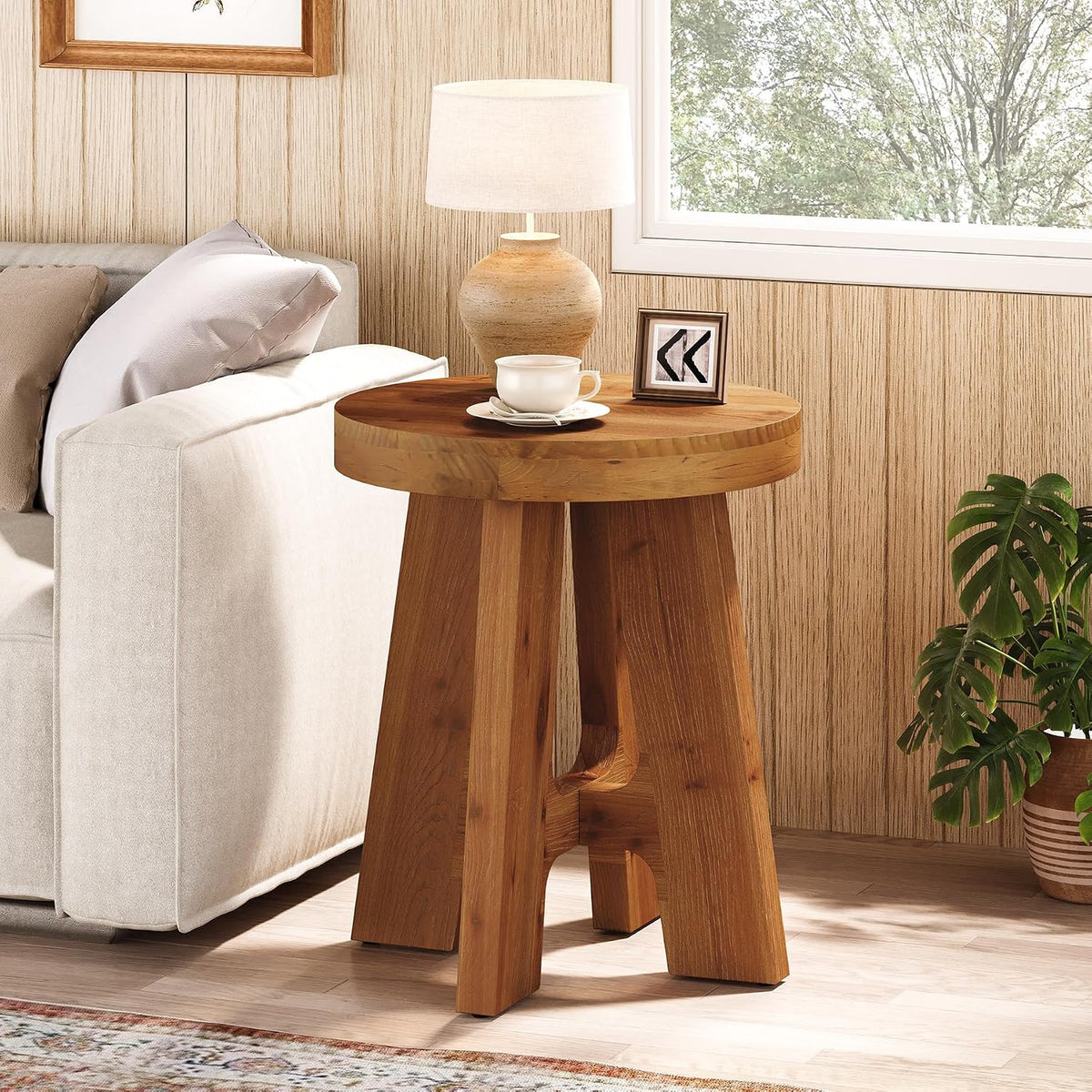 Round Side Table, Farmhouse Solid Wood End Table for Couch, Mid Century Modern Side Table with Heavy-Duty Legs, Small Bedside Table for Bedroom, Living Room, Walnut