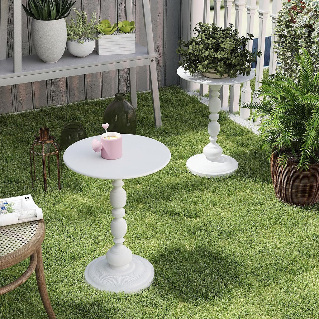White Side Tables Set of 2 with Metal Pedestal Round End Tables for Small Spaces Living Room Bedroom or Patio Outdoor