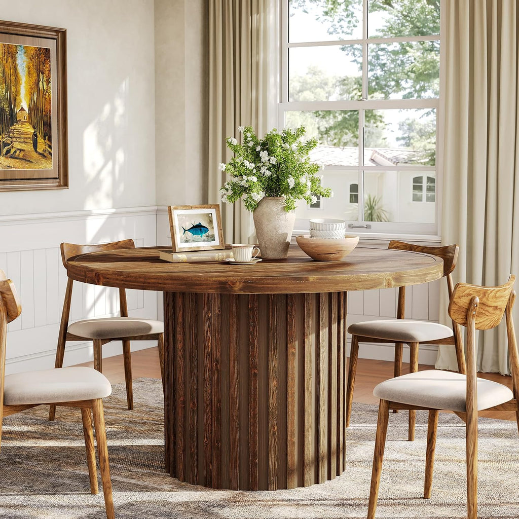 Tribesigns 47-Inch Round Dining Table for 4-6, Farmhouse Wood Kitchen Table with Striped Pedestal Base, Circle Wooden Dining Room Furniture for Kitchen Living Room, Dark Brown