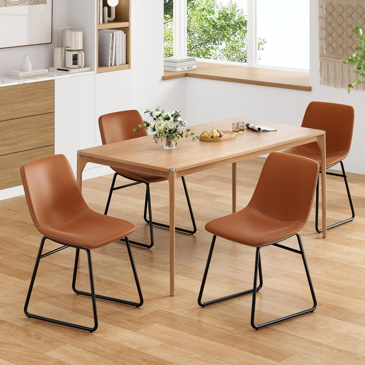 Soohow Mid-Century Modern Dining Chairs Set of 4, Faux Leather Upholstered Kitchen Chairs with Metal Legs, Comfortable Dining Room Chairs for Home