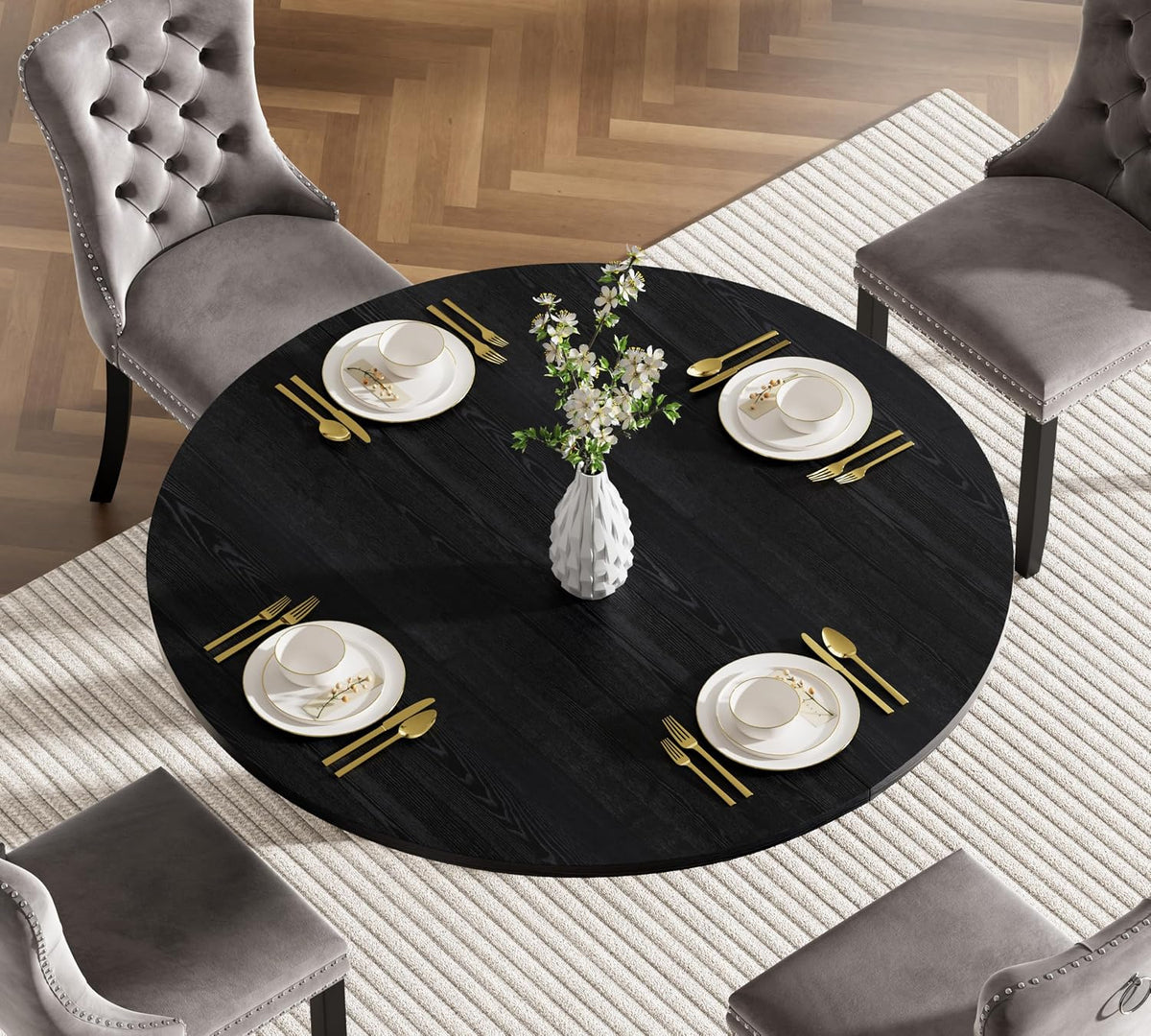 Henf 5 Piece Round Extendable Dining Table Set for 4, 43"-59" Wood Oval Expanding Kitchen Table with 4 Chairs, Space Saving Extendable Dining Room Tables with Pedestal Base (Black & Gray)