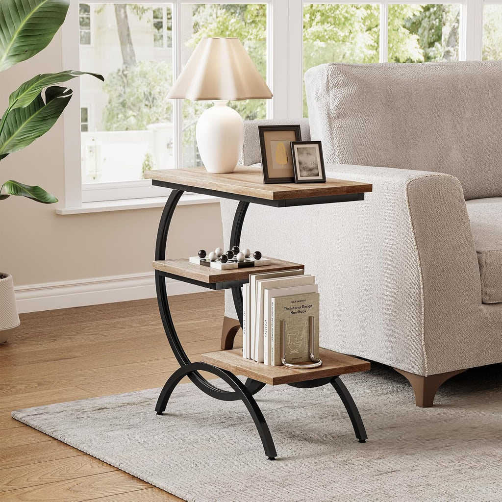 LITTLE TREE End Table, Narrow End Table with 3 Storage Shelves, Industrial C-Shaped Small Sofa Side Table for Living Room, Wood Slim Snack Table with Black Metal Frame, Oak