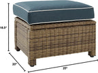Crosley Furniture Bradenton Wicker Outdoor Ottoman Foot Rest for Patio, Deck, Porch, Brown with Navy Cushions