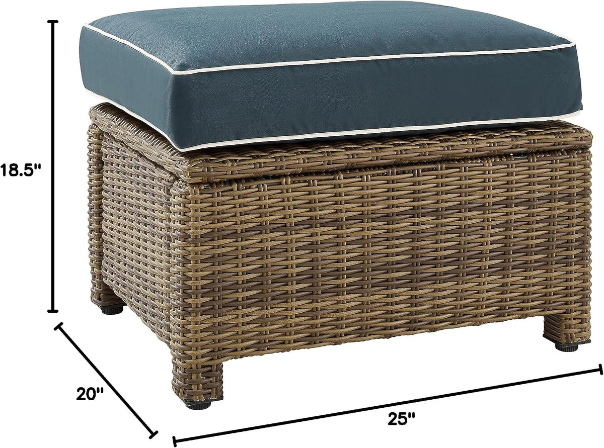 Crosley Furniture Bradenton Wicker Outdoor Ottoman Foot Rest for Patio, Deck, Porch, Brown with Navy Cushions