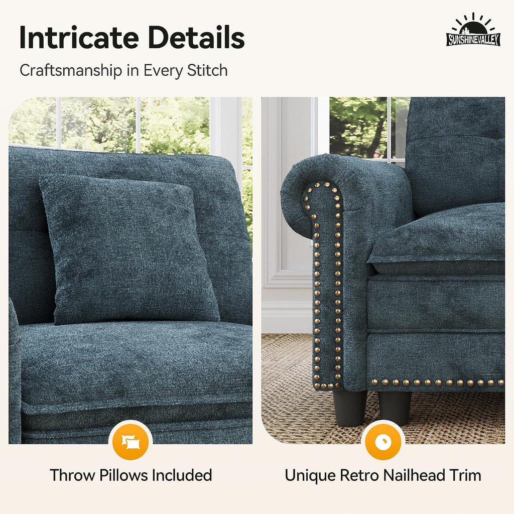 SUNSHINE VALLEY Modular Sectional Sofa Set Living Room 3-Piece Deep Seats | Mid-Century Modern 6-Seater Cloud Couch Set, Cyan, Rolled Arms & Nailhead Trim, Wider & Deeper Seats, Chenille Furniture Set