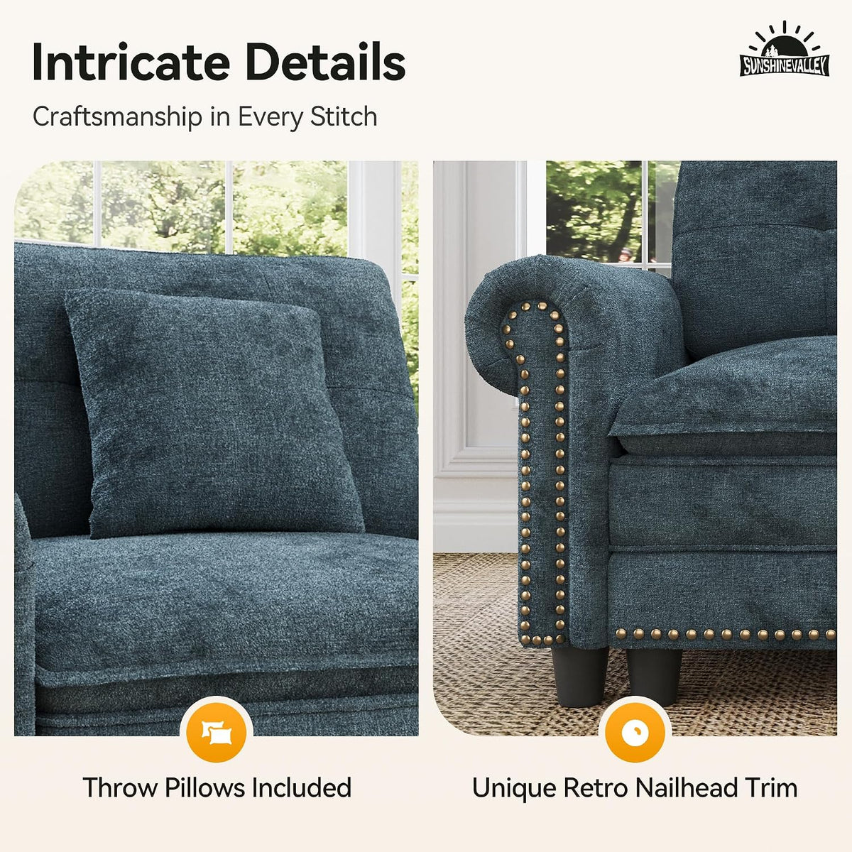 SUNSHINE VALLEY Modular Sectional Sofa Set Living Room 3-Piece Deep Seats | Mid-Century Modern 6-Seater Cloud Couch Set, Cyan, Rolled Arms & Nailhead Trim, Wider & Deeper Seats, Chenille Furniture Set
