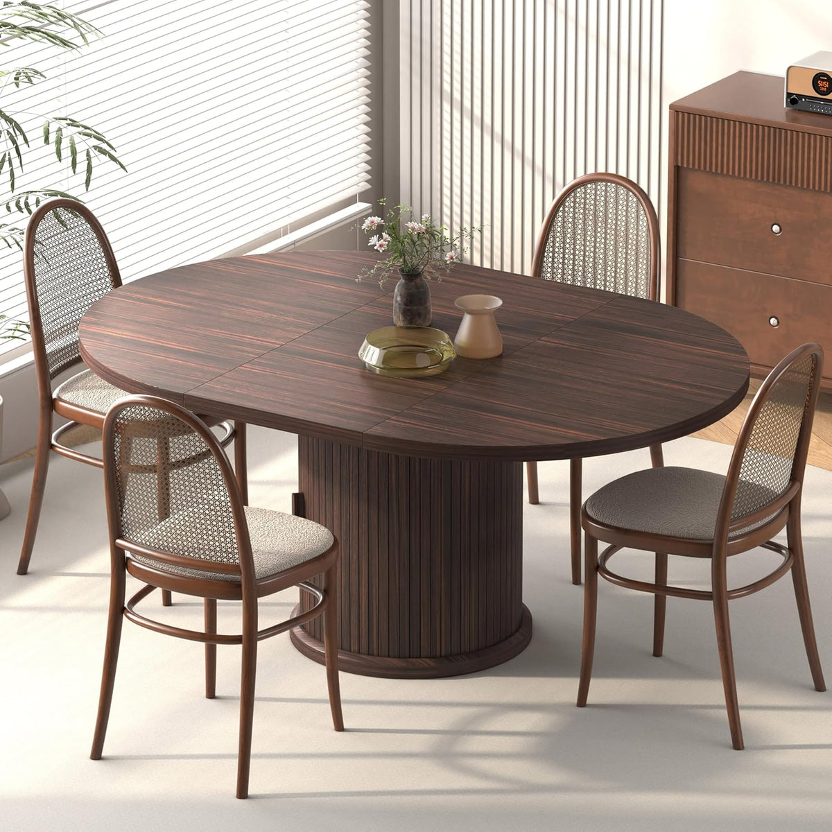 47.2"–63" Extendable Dining Room Table for 4–8, Round‑to‑Oval Expandable Wood Table with Dust‑Proof 2‑Tier Storage Shelf, Space‑Saving Modern Farmhouse Centerpiece for Living Room, Black Walnut