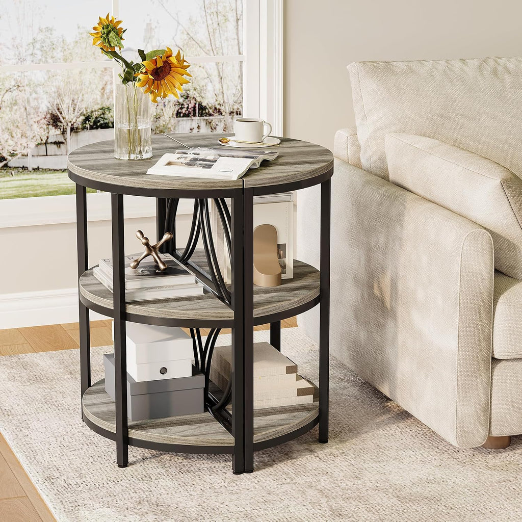 LITTLE TREE Half Moon End Table, Half Round Side Table for Living Room, 3-Tier Half Circle Night Stand for Bedroom, Grey Small Wood Accent Table for Couch, Sofa, Bed