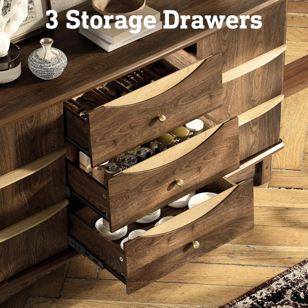 STO'SENSE Buffet Cabinet with Stroage, Large Sideboard Buffet Cabinet w/ 3 Drawers, Solid Wood Handle, Modern Coffee Bar Station w/ 2 Doors, Concealed Storage Shelves & Sliding Tray (Walnut)