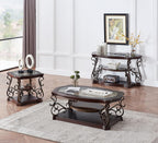 Henf 3 Piece Living Room Table Set, Retro Brown Coffee Table with 2 End Table, Coffee Table Set with Glass Top and Metal Frame for Home Office