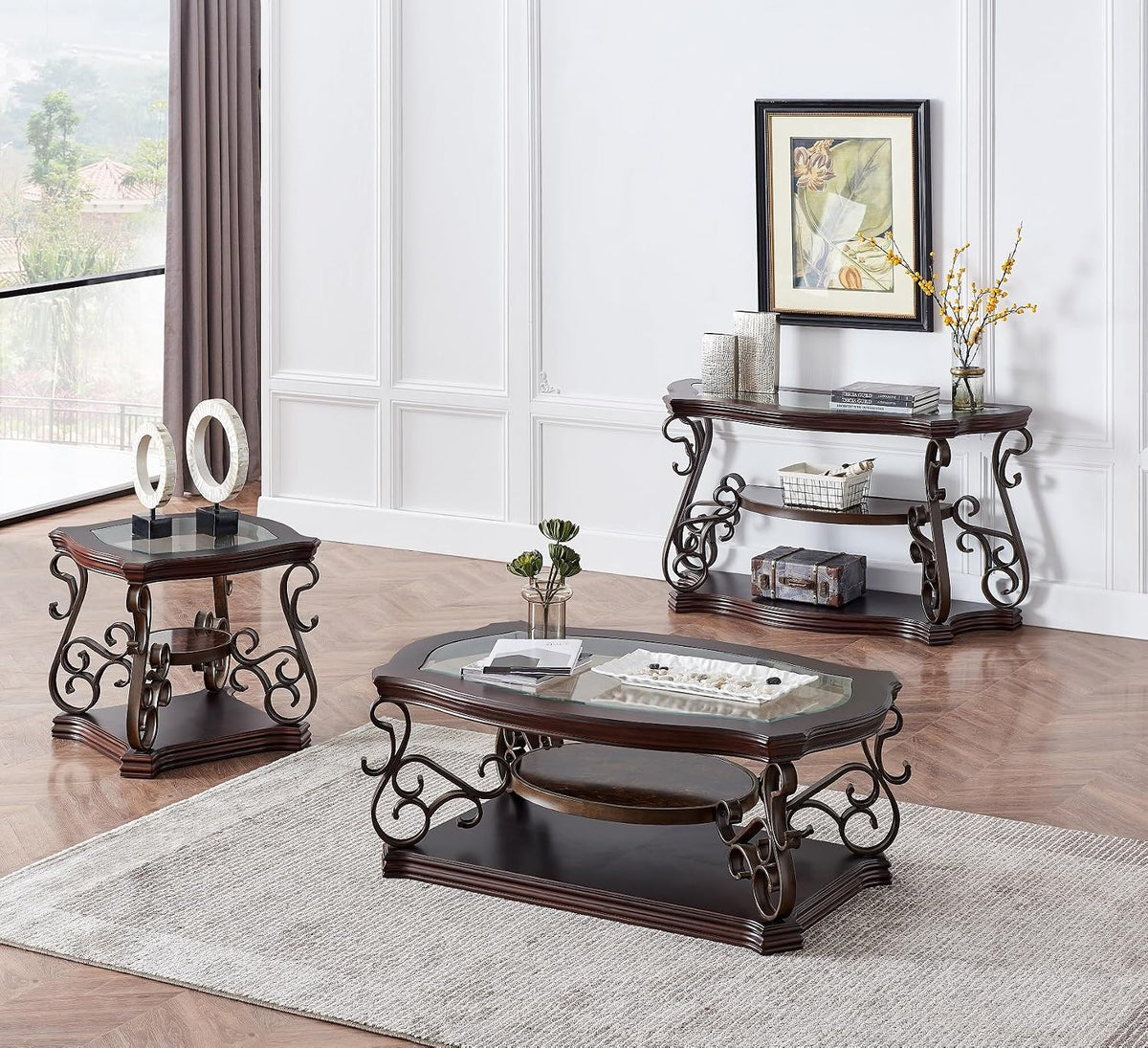 Henf 3 Piece Living Room Table Set, Retro Brown Coffee Table with 2 End Table, Coffee Table Set with Glass Top and Metal Frame for Home Office