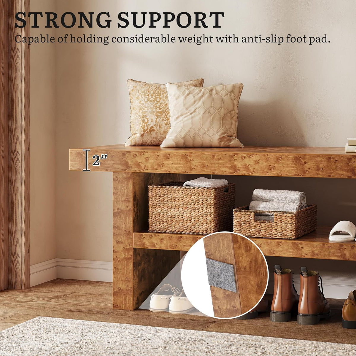 DWVO 39.4" Entryway Bench with Motion-Sensing Warm LED Light, 2-Tier Rustic Thick Wood Shoe Storage Bench for Hallway Bedroom Dressing Room or End of Bed, Burl Wood Finish